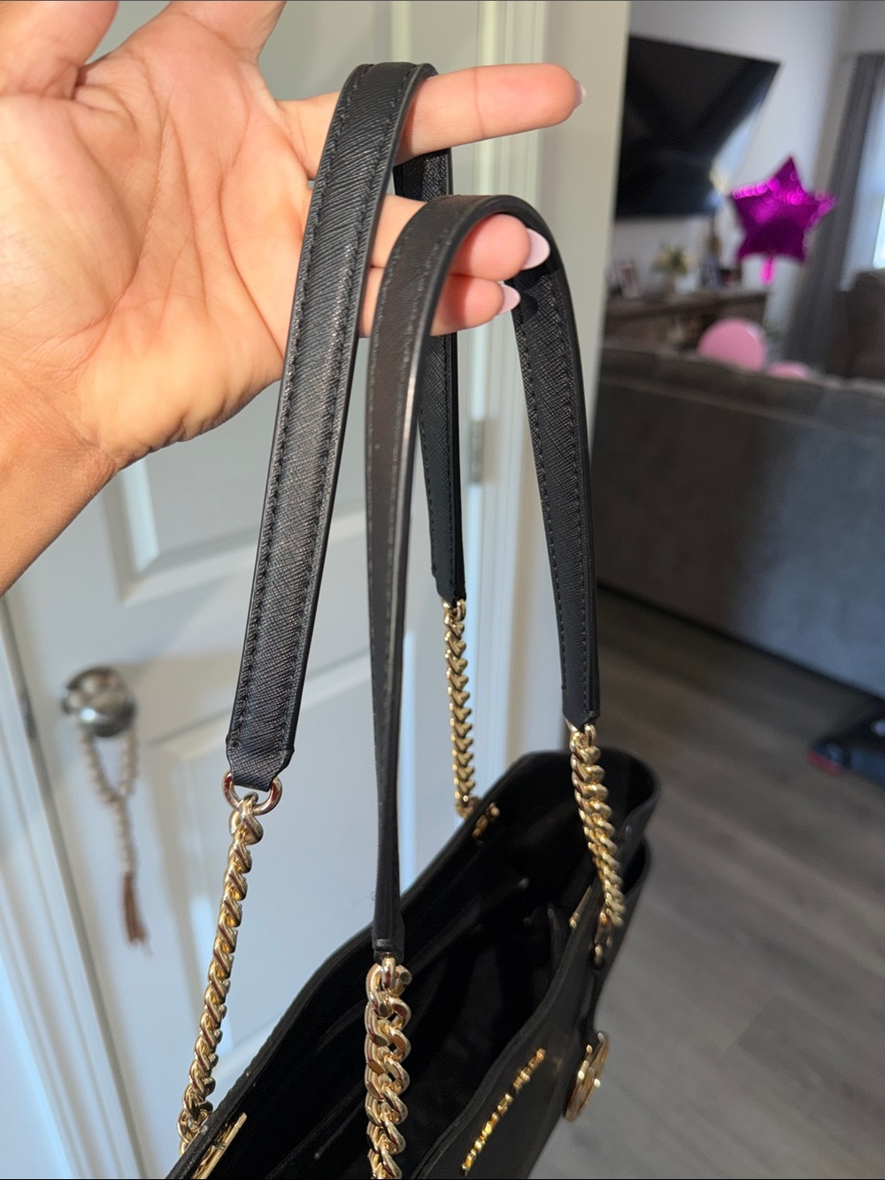 Michael Kors Black Saffiano Tote with Gold Chain Hardware - Picture 4 of 6